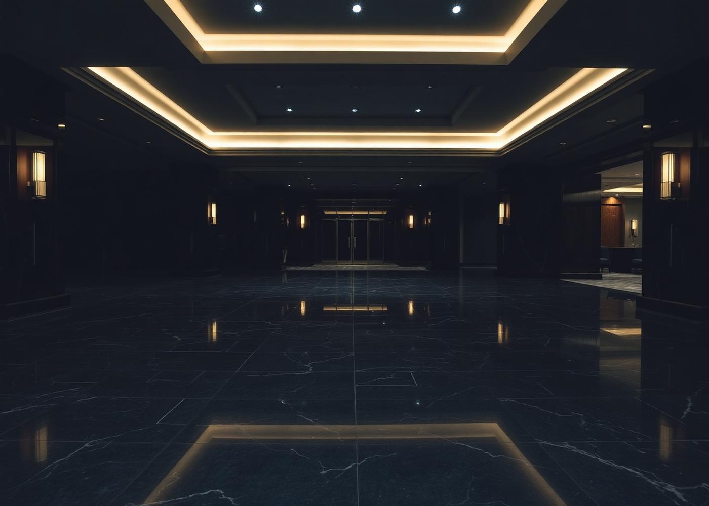 Hotel lobby with polished stone floor