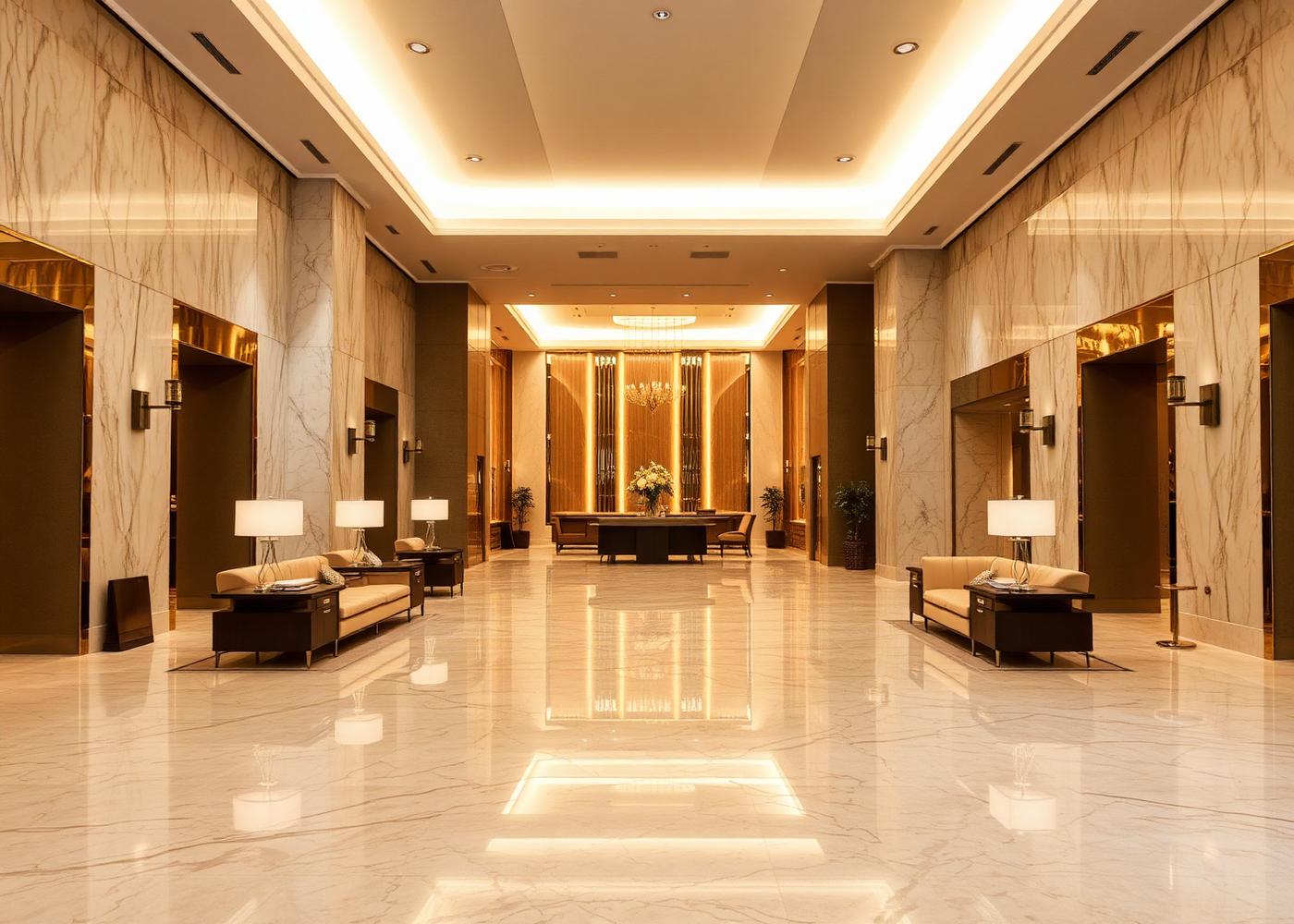 Hotel lobby with polished stone floor