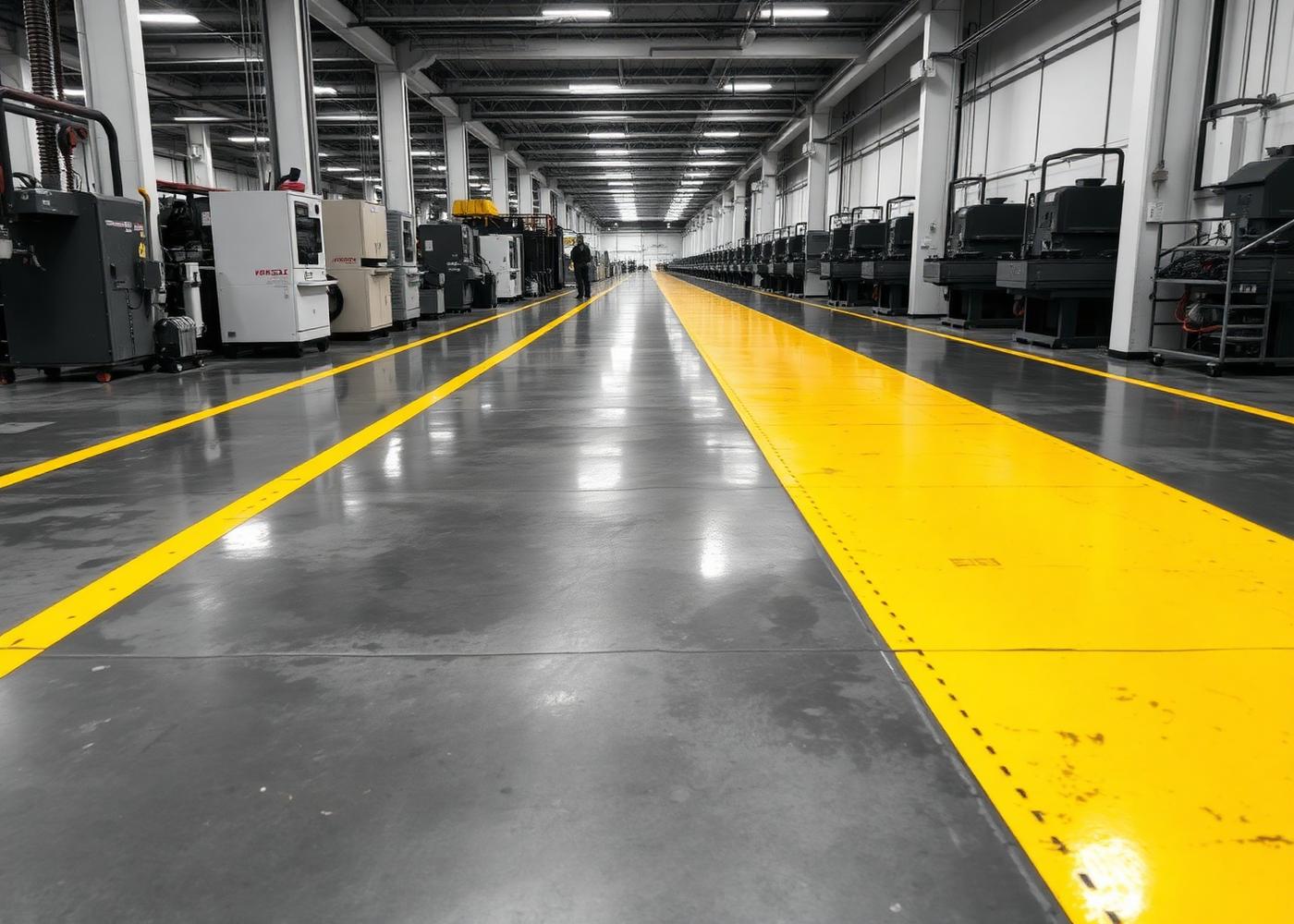 Factory floor with painted lane markings