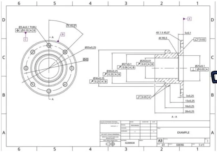 2D manufacturing drawing of a machined component