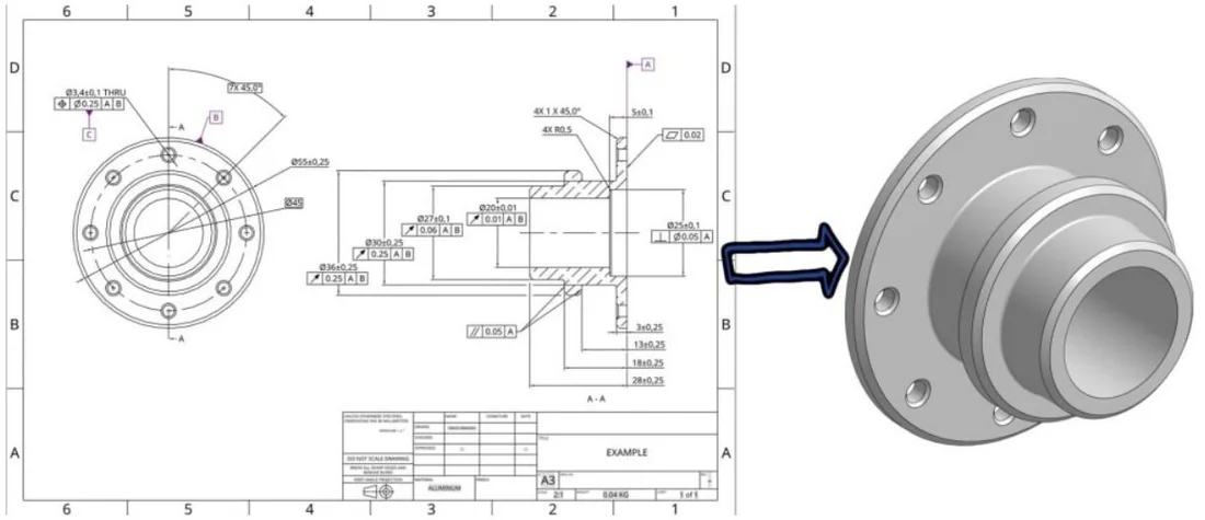 Drawing converted into a 3D model of a hub